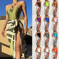 Traje de baño de una pieza para mujer, bañador multicolor calado con correa de piedras preciosas, bikini francés, vestido de dos piezas