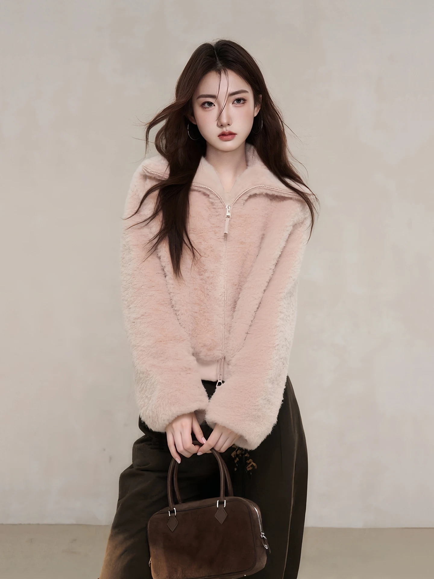 

Korean Sle Lazy Turn Collar Pink Fluffy ort Jaet Women's Winter New Faion Thi Warm Loose Top Ladies' Commute Wind