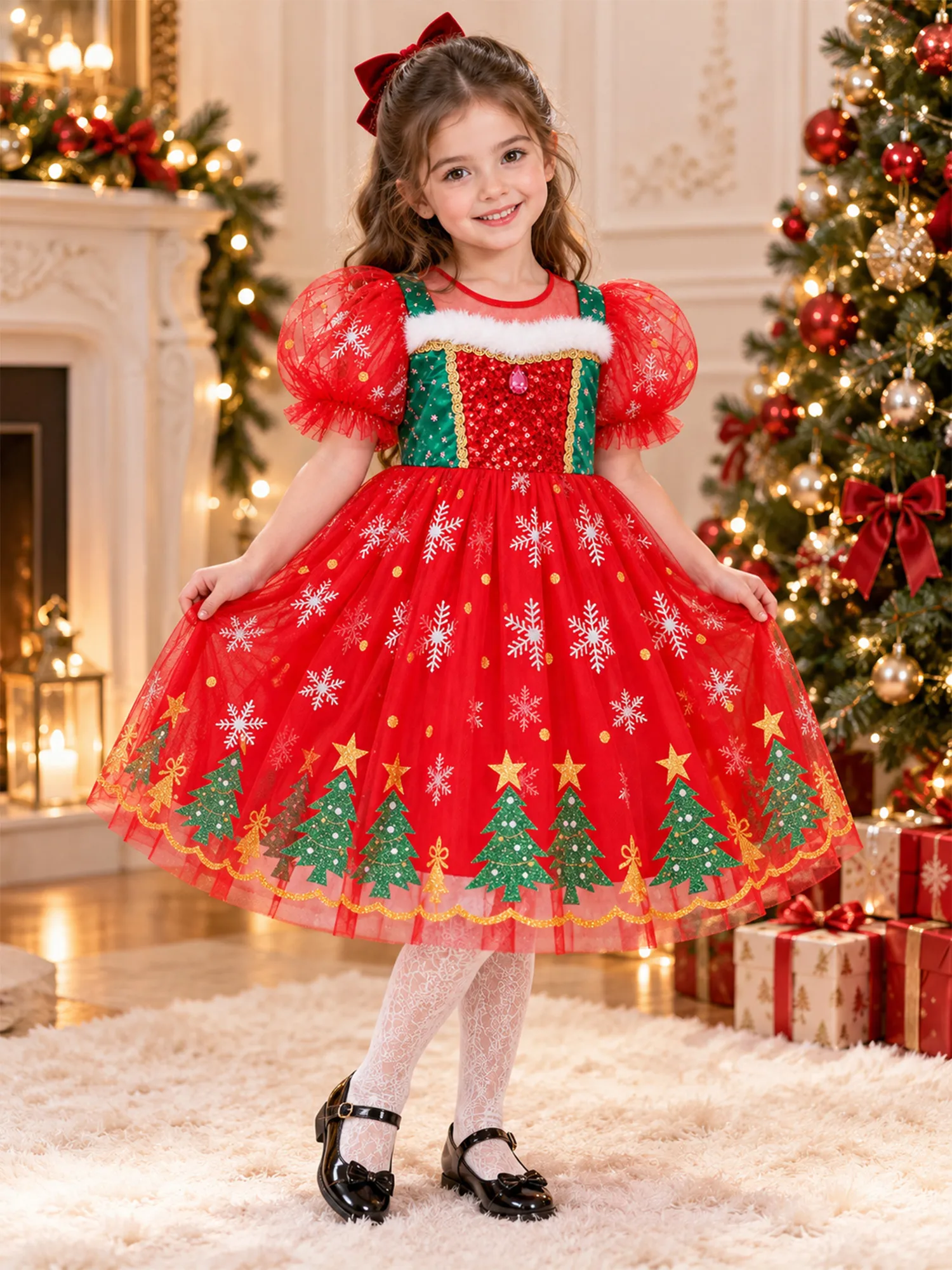 Kids Girls Christmas Costume Short Puff Sleeve Sequin Bow Snowflake Tree Printed Tulle Tutu Dress for Xmas Event Performance 2