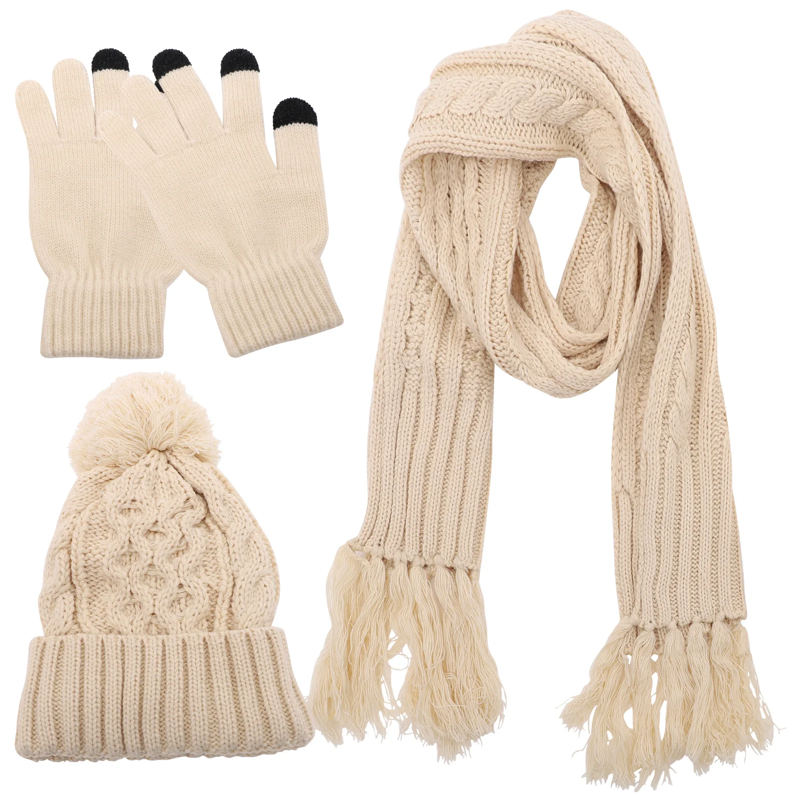 1 Juego de gorro, bufanda, guantes, conjunto de gorro cálido, gorro grueso de invierno para mujer, accesorios de esquí plegables, equipo de nieve tejido