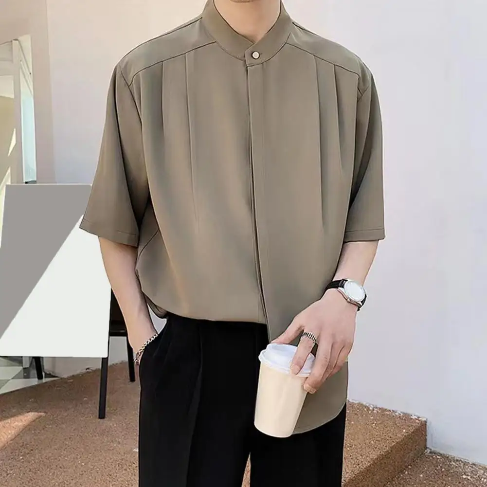 

Men Mid Length Shirt Stand Collar Men Top Stylish Men's Stand Collar Ice Silk Cardigan for Summer Office Wear Pleated Loose Fit