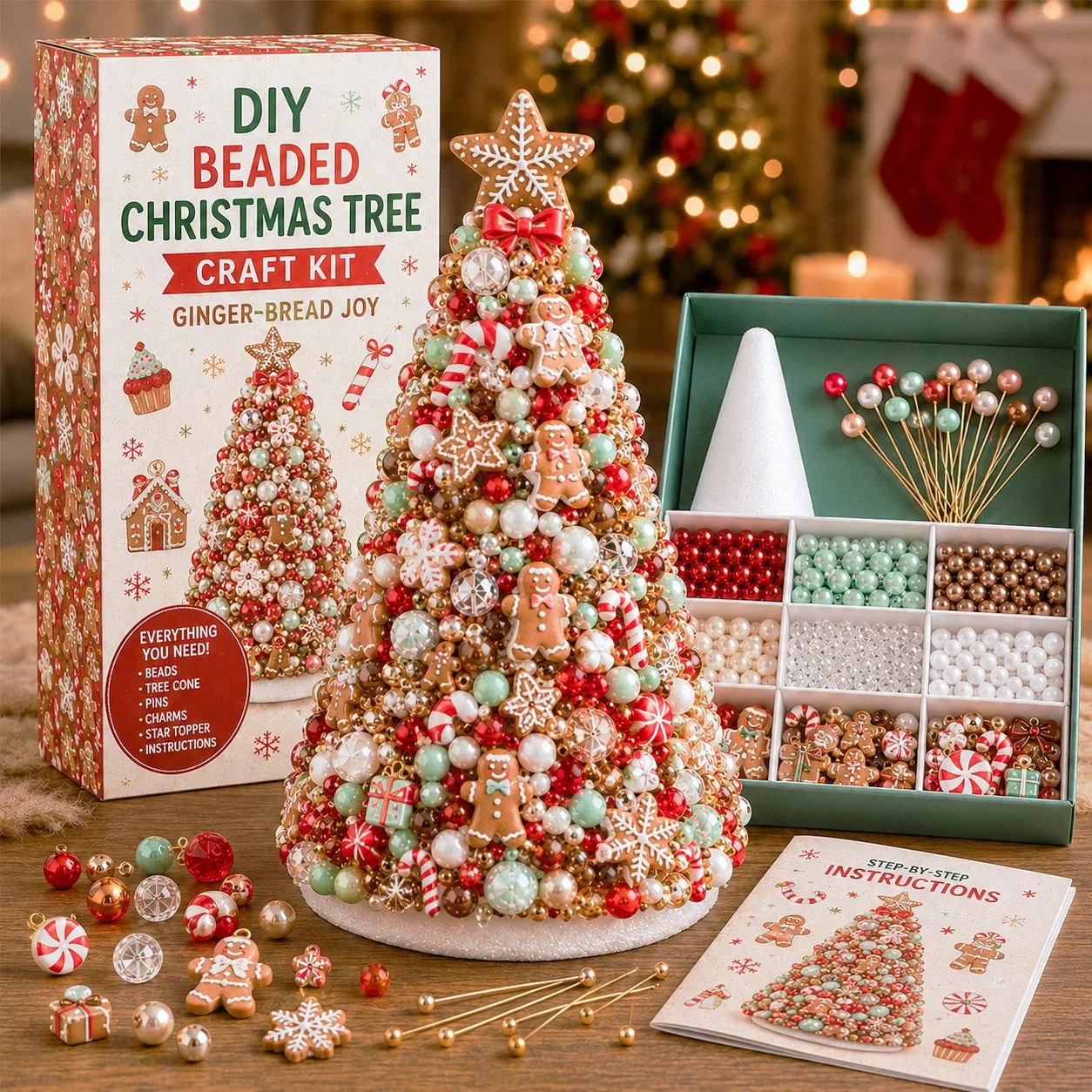Weihnachtsbaum-Bastelset mit Perlen, kleiner Baum mit Kristallperlen und Engel-Ornament, handgefertigte Weihnachtsdekoration für den Tisch zu Hause. – Detail 4