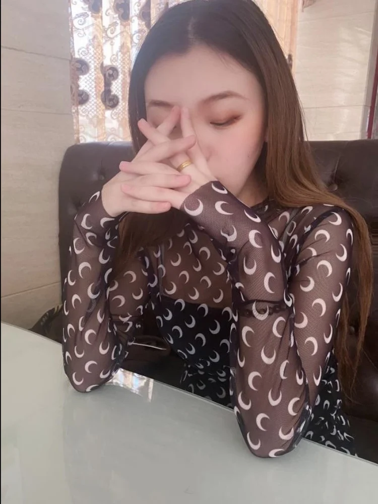 

Stand Up Collar Tshirt Women Long Sleeve Slim Fit Moon Print Mesh Korean Style High Street Fashion Spring Base Top Versatile New