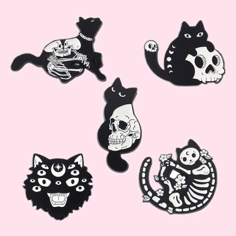 Pin Club | Black Cat Custom Enamel Brooch Gothic Skull Skeleton Animal Lapel Badge Creative Alloy Jewelry Gift Backpack Hat Deco