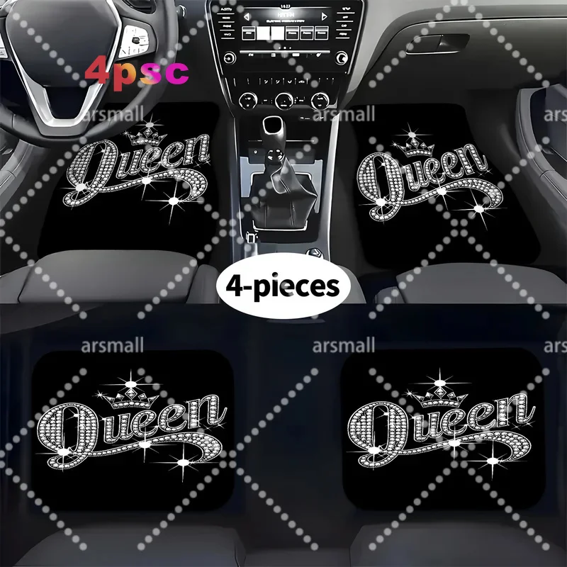 A Set Of Four Car Floor Mats Featuring A Diamond-Studded Crown Letter Design, Suitable For All Models Made Of Polyester Material