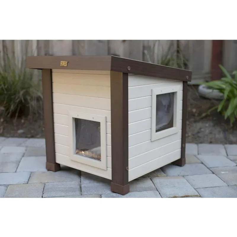 ECOFLEX Albany Outdoor Feral Cat House للقطط المتعددة مع تجميع سريع وسهل، و2 رفوف باب من الفينيل متضمنة في سن المراهقة