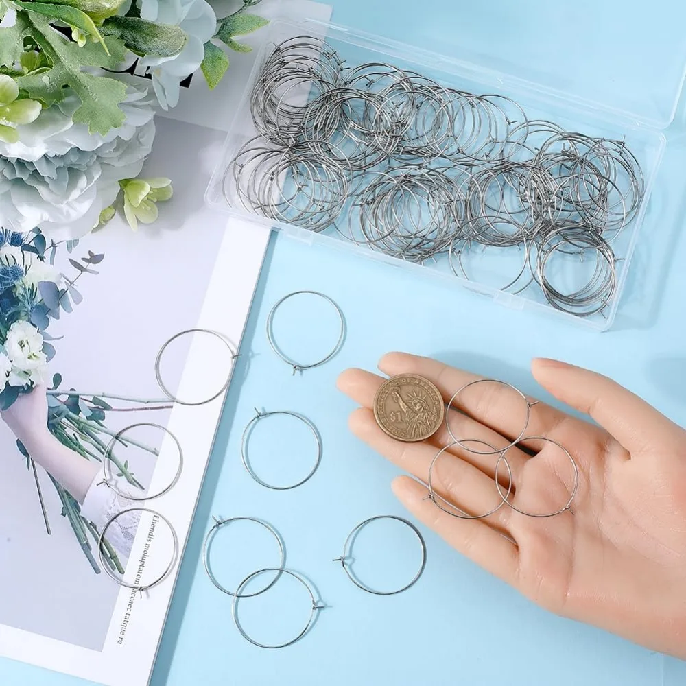 1 Box 200Pcs Wine Glass Rings 30mm 316 Stainless Steel Earring Findings Hoops Earrings Beading Hoop Earrings making kit