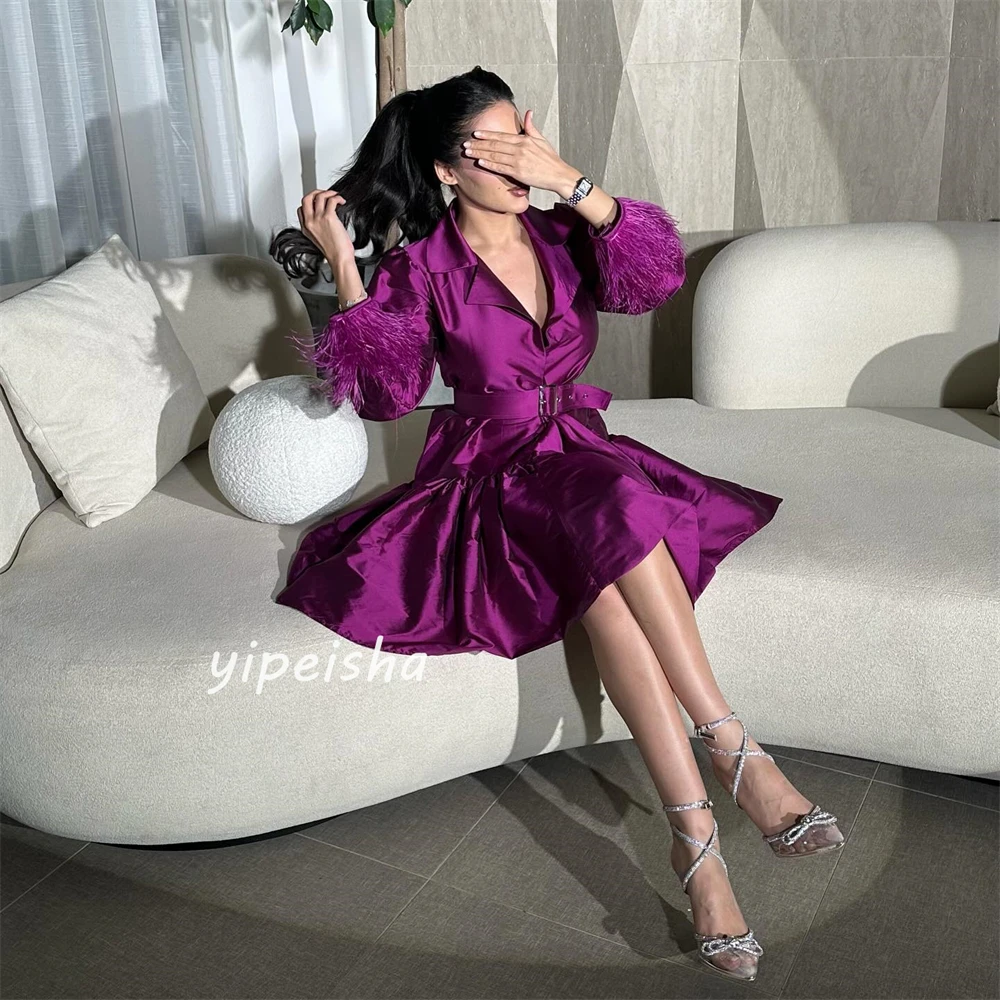 Customized Satin Feather Sash Party A-line V-neck Bespoke Occasion Gown Knee Length Dresses