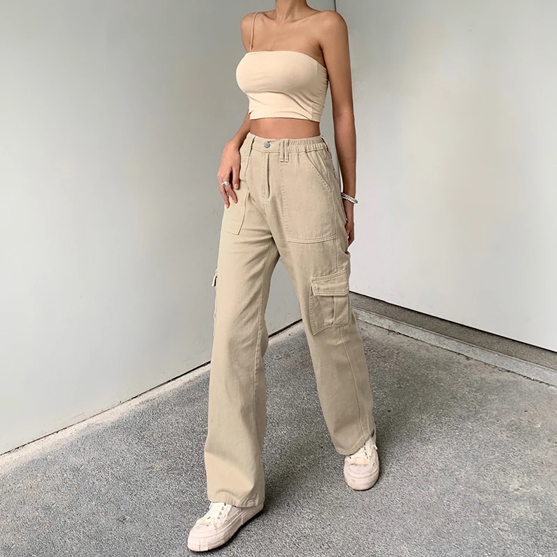 Women's Cargo Pants Solid Color High Waist Straight-leg Buckle Jeans with Pockets Female Trousers Casual Outfits Streetwear Fall