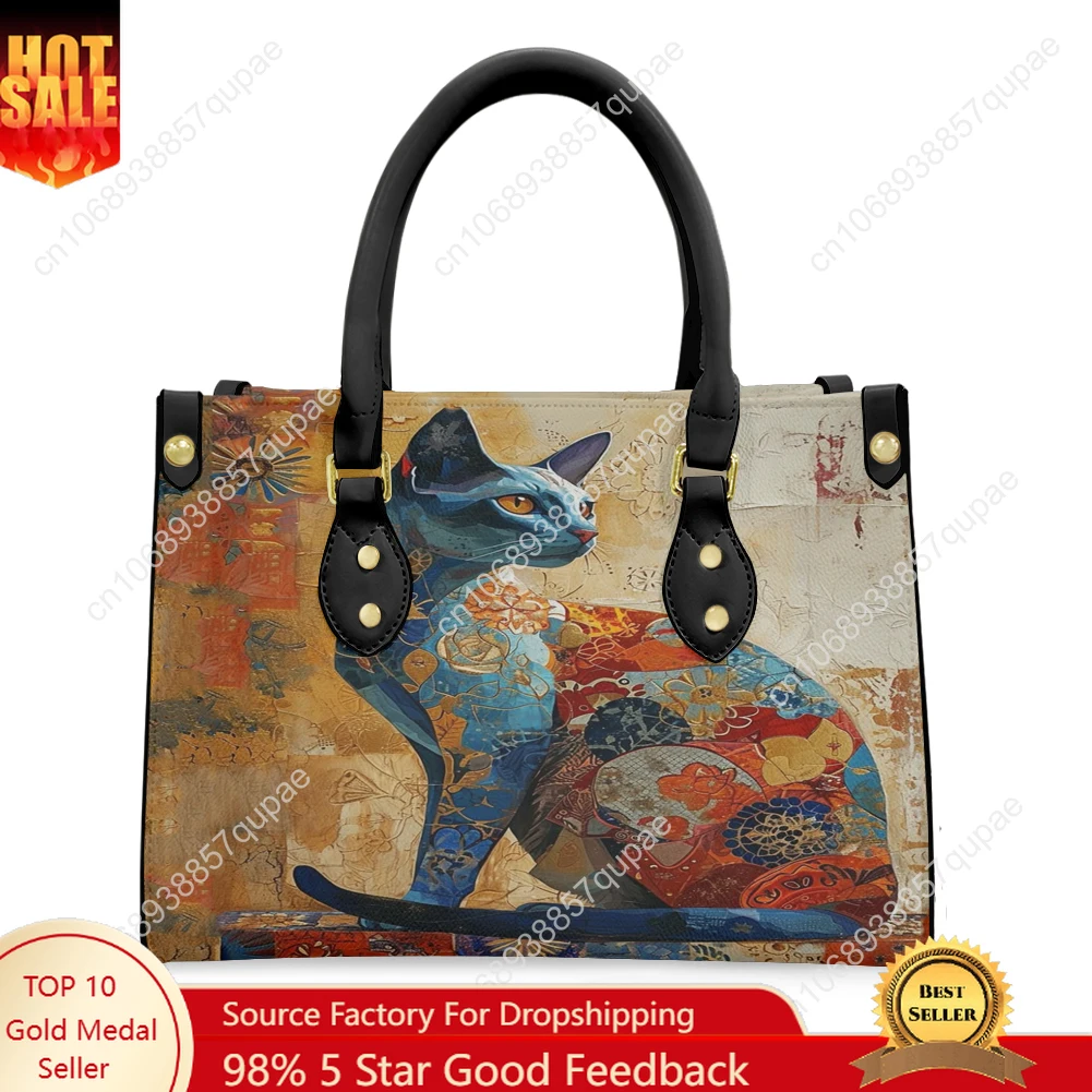 

Floral Retro Wealth Cat Pattern Tote Bag Purse Women Men Personalized Text Image PU Leather Handbag Business Shopping Gift Bags