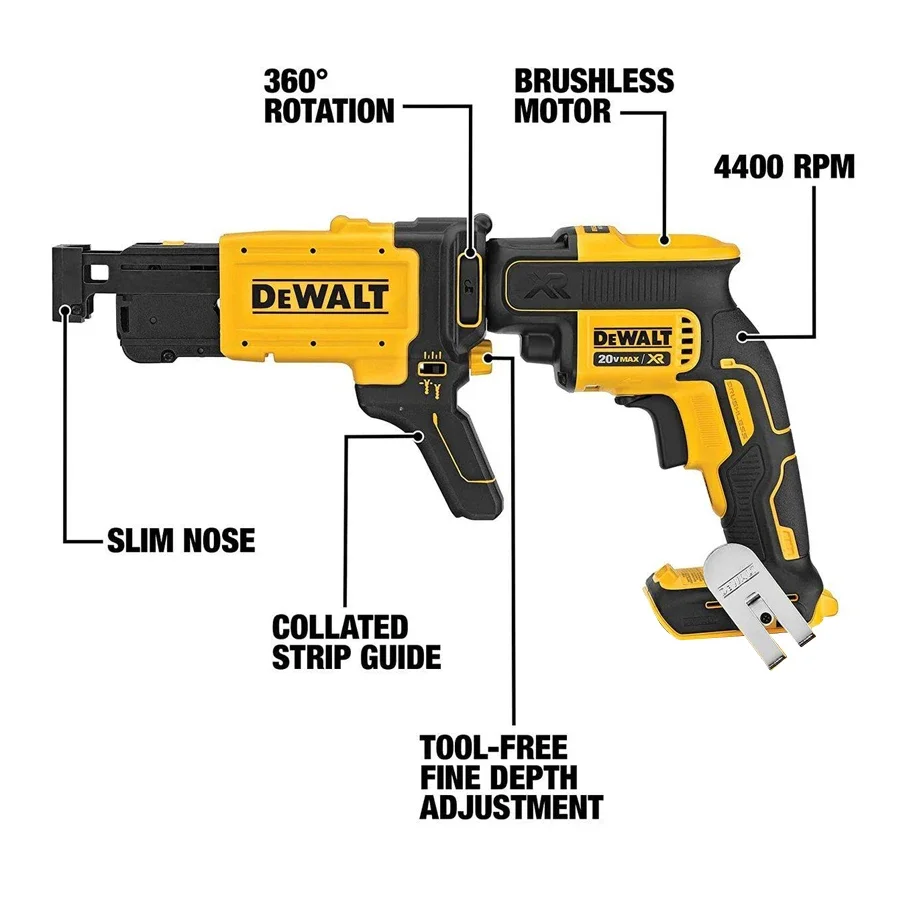 DEWALT 20V Brushless Cordless Drywall Screw Gun With Attachment Brushless 360° Rotation Nail Gun Bare Tool DCF620+DCF6202