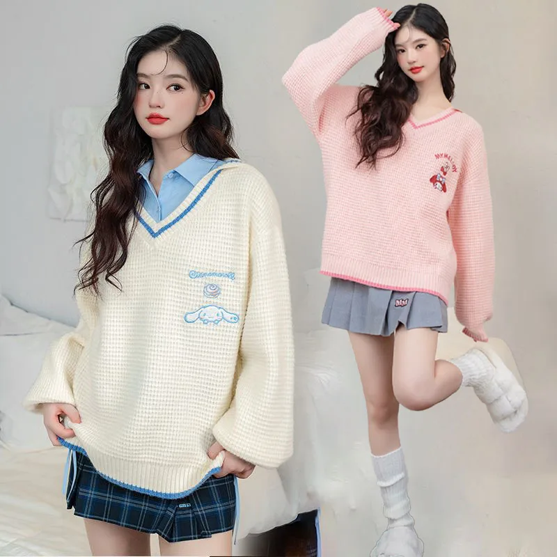 

Аниме Sanrios Kuromi вязаный свитер с вышивкой женский студенческий стиль топы с v-образным вырезом для девочек My Melody Cinnamoroll милый милый пуловер