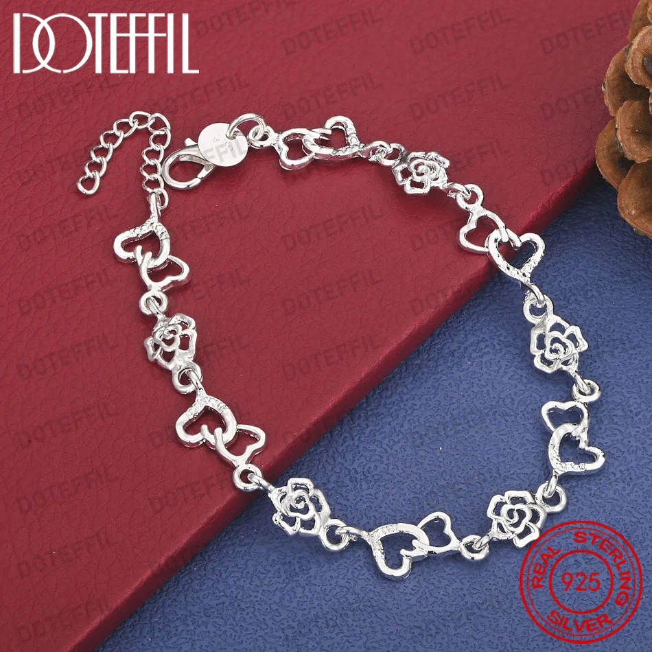 Elegantes 925 Sterling Silber 8-Zoll Exquisites Herzförmiges Rosen-Zirkonia-Armband für Damen Mode Party Geschenk