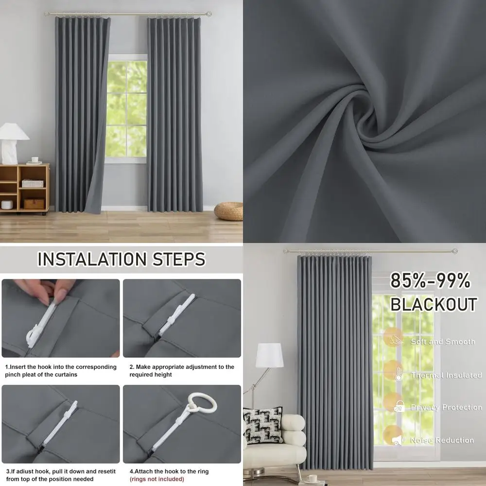 Zasłony zaciemniające termoizolacyjne 84 cali, neutralny szary z plisami i haczykami, 101 cm x 213 cm do salonu