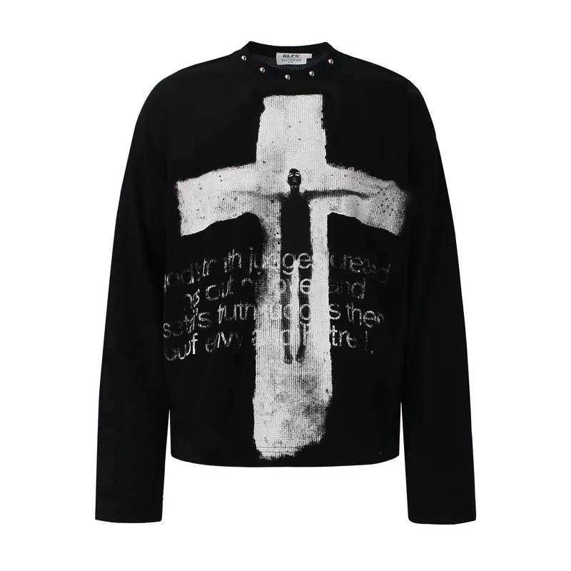 Men's High Street Graffiti T Shirt Fashion Streetwear Graffy Painted Long Sleeve Tops Loose Fit Oversized Hip Hop Tops