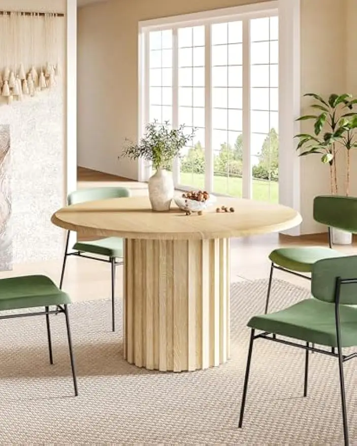 Mesa de comedor redonda de 47 pulgadas para 4, mesas de comedor de madera natural con pedestal estriado, mesa de comedor de cocina circular para