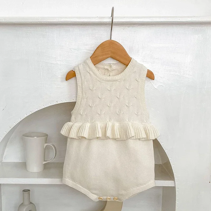 

Вязаный милый комбинезон для маленьких девочек 0-24 месяцев, осенние вязаные боди для маленьких девочек, весенний жилет с листьями лотоса, боди для новорожденных