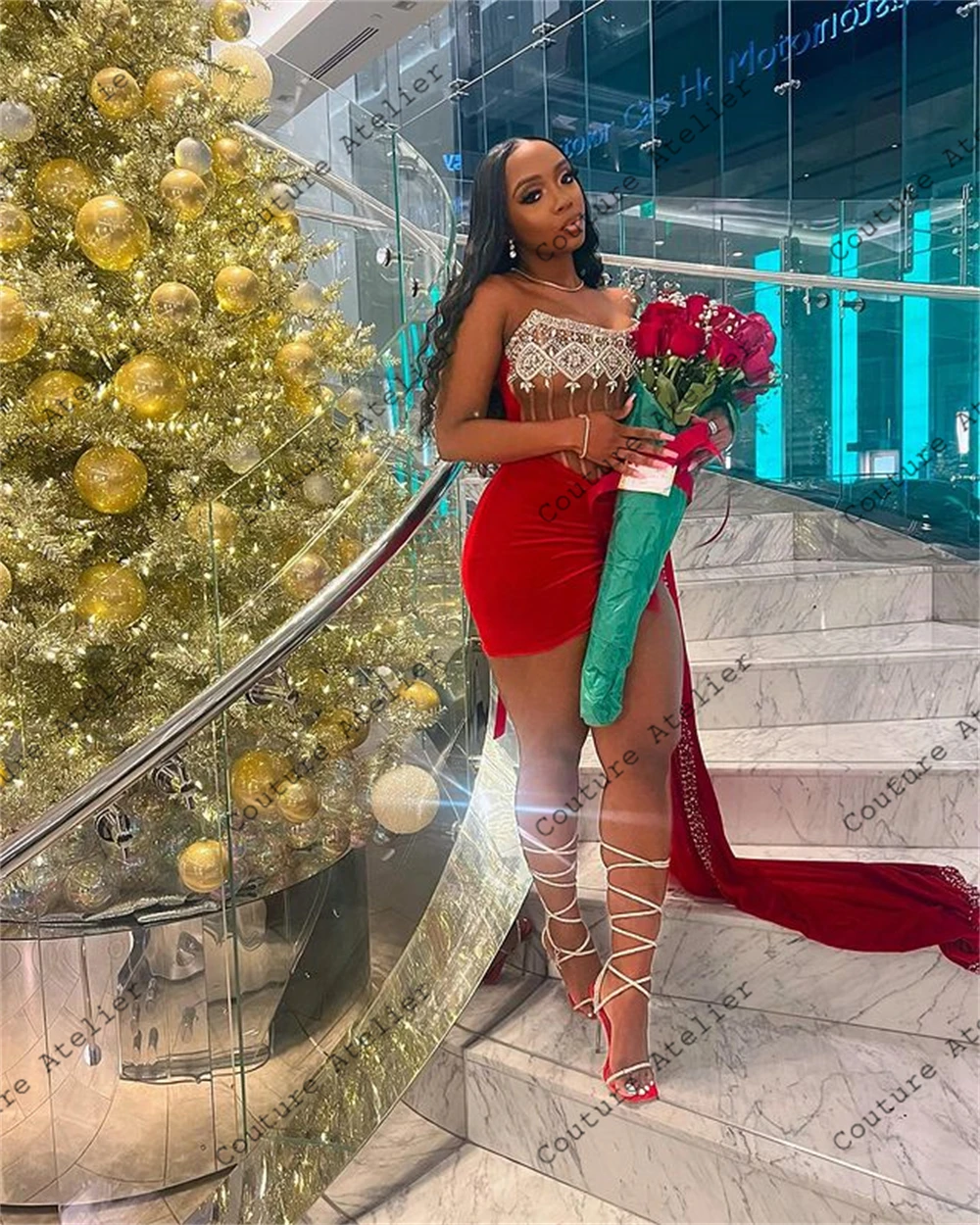 Red Velvet Christmas Day Prom Dresses For Black Girls 2024 Birthday Luxury Party Dress With Beaded Train Mermaid Gala Customized image 3