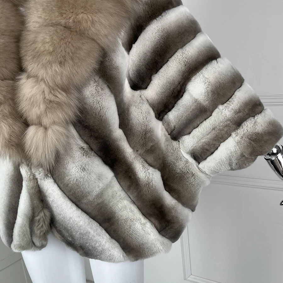 Echt Rex Kaninchen Pelzmantel Chinchilla Pelz Natürliche Fuchs Pelz Kragen Meistverkaufte Winter Jacke Frauen Echt Pelz Mäntel