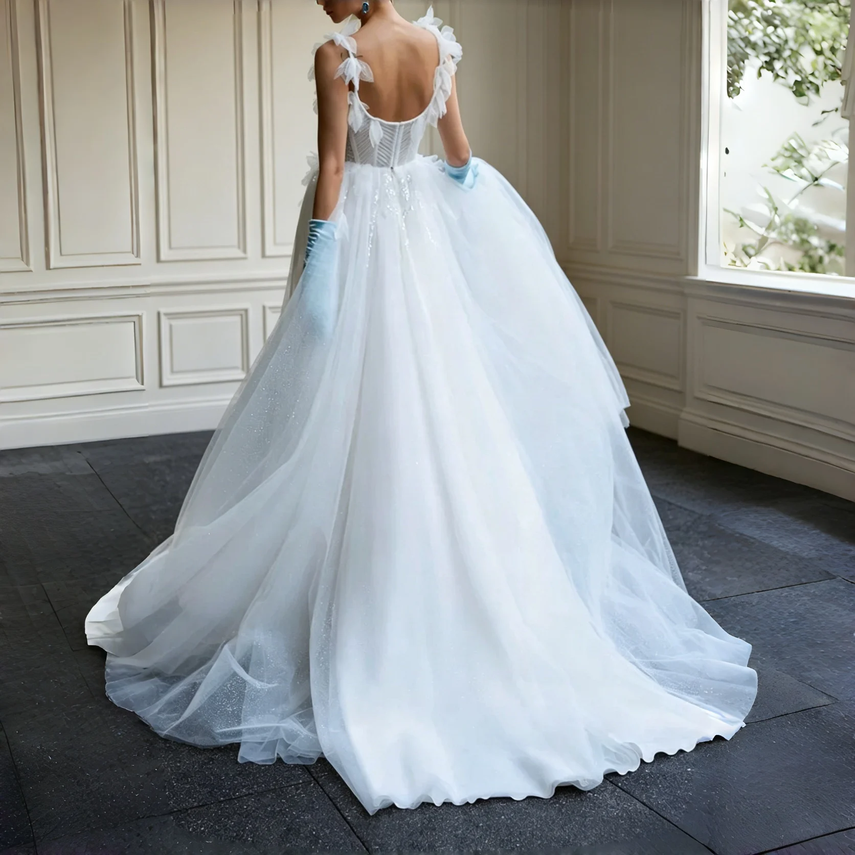 Fairy Ivory Sparkle Tulle Bridal Gown Pearl Side Panel Butterfly Floral Appliques Sleeveless Garden Wedding Dress Customizable