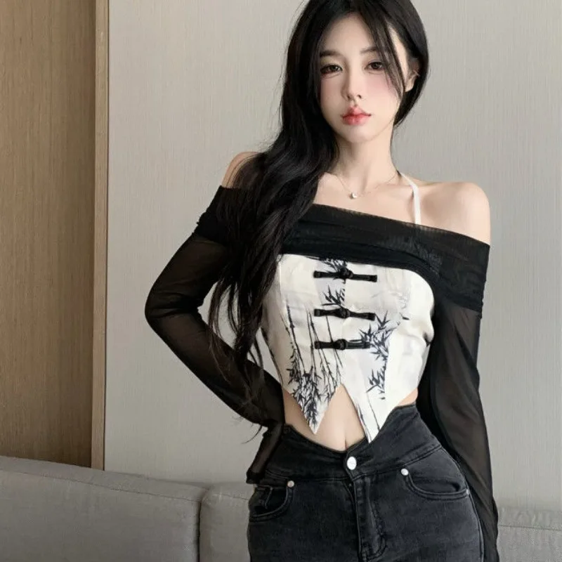 Women Sets Long Sleeve Shawl Floral Camis Halter Vintage Chinese Style Cropped Tops Graceful High Street All-match Y2k Clothes