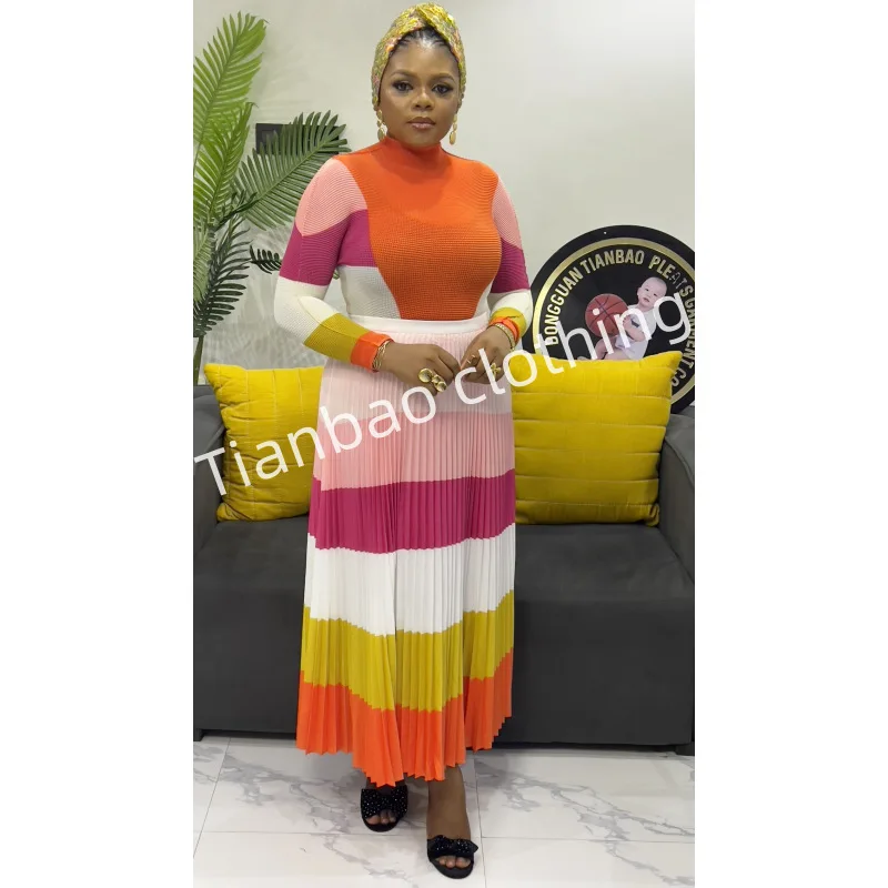 

Fashion Versatile Women's Suit Round Neck Long Sleeve Printed Top High Waist Pleated Half-body Skirt Two-piece Set 2025 Summer