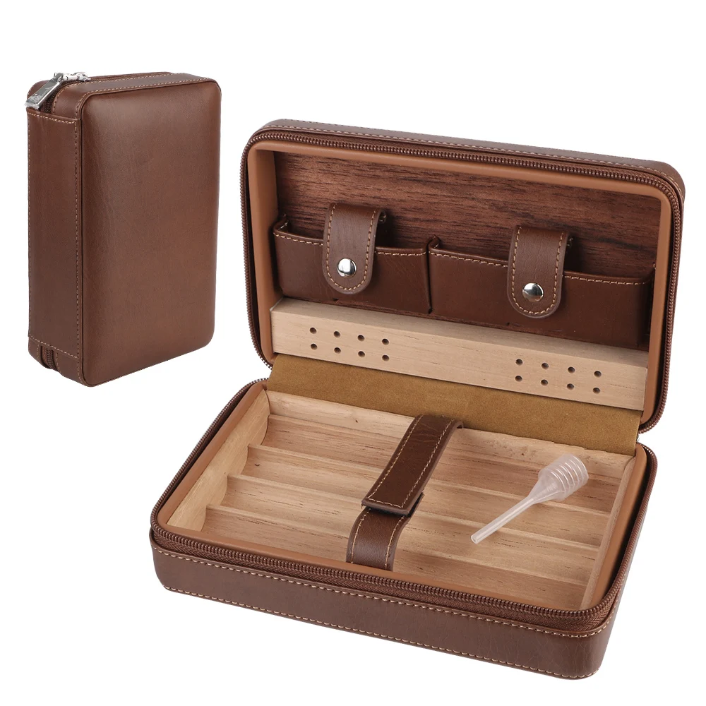 Gift For Boy Friend Father Cedar Wood Cigar Humidor Box PU Leather Cigar Case Storage 4 Cigars Box Humidor Humidifier