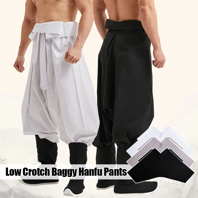 Chinese Style Mens Drop Low Crotch Hanfu Pants Baggy Belted  Harem Trousers Chinese Traditional Ming Dynasty Trousers Bloomers