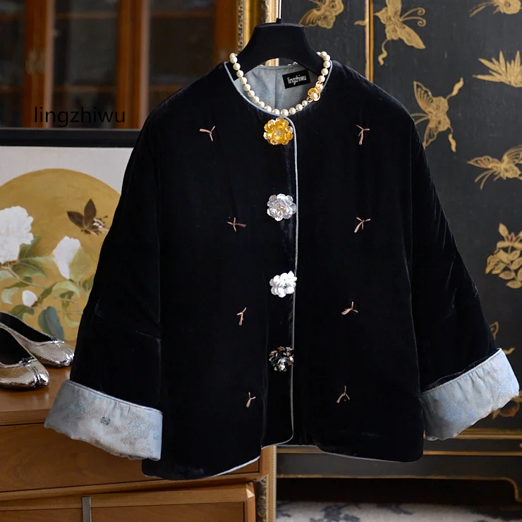 

lingzhiwu Black Silk Velvet Coat Noble Chinese Style Handmade Flower Button Jacquard Padded Cotton Outerwear New Arrival