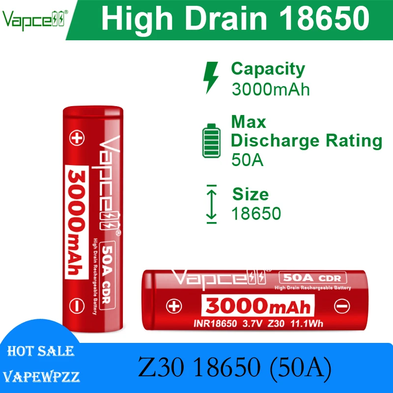 

High Drain INR18650 Battery Vapcell Z30 18650 3000mah 3.7V 50A CDR Rechargable Li-Ion Batteries Strong Power Cell Battery Pack