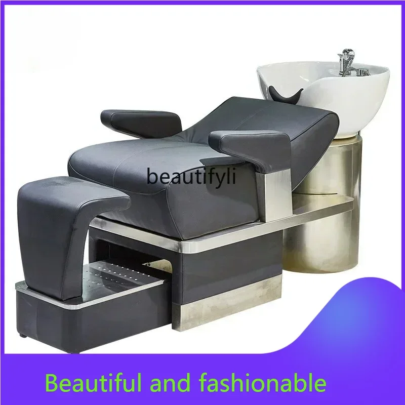 

zGNew Arrivals Shampoo Chair Barber Shop Stainless Steel Flushing Bed Simple Half Lying Salon Bed Ceramic Basin S51