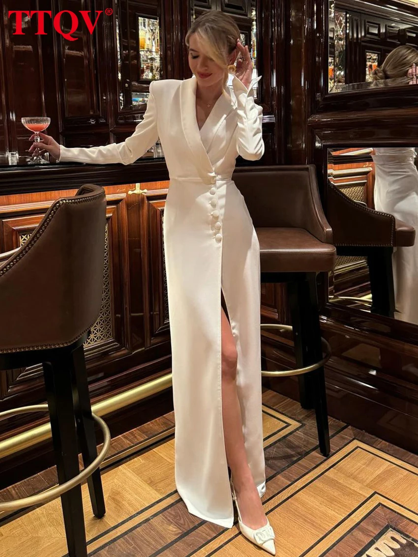 

TTQV Fashion Slim White Dress Bodycon Lapel Long Sleeve Ankle Length Dress Party Elegant Classic Slit Dresses For Women 2024