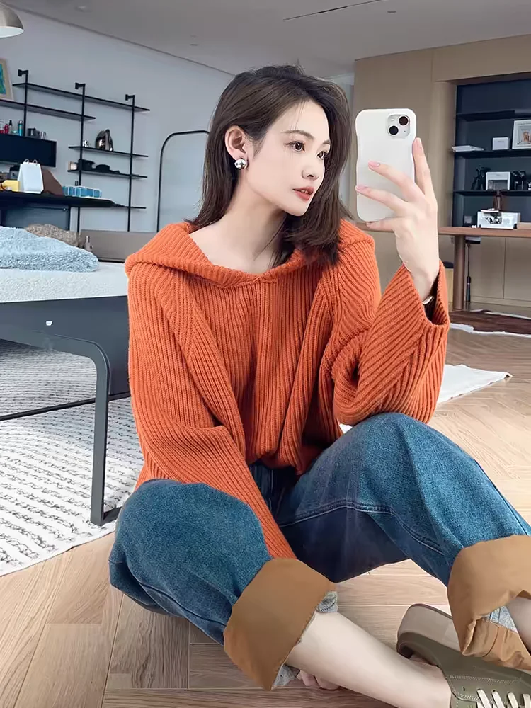 100% wool pullover sweater, women's hooded sweater, casual long sleeved knitted, autumn and winter hot selling women's sweater