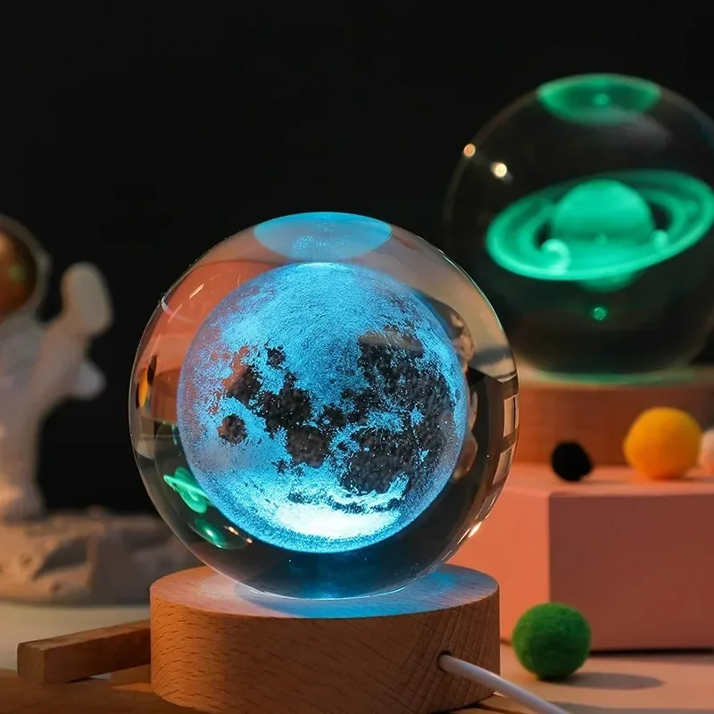 GGbingo 6cm Bedside Lamp Solar Theme Cosmos Series Crystal Ball Night Lights Milky Way Moon for Desk Creative Gift RGB