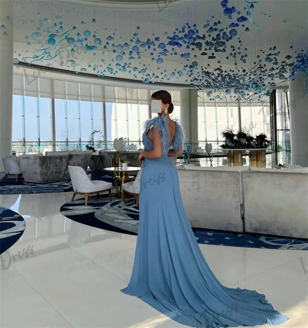 Lena-Sky blue chiffon ball dress, luxurious feather evening dress, pleated Saudi Arabian ball dress