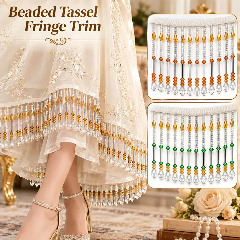 45cmのガラス製クリスタルビーズ付きタッセルフリンジ。幅8cm。舞台衣装、洋服、diy、裁縫、ランプシェードの装飾などに。