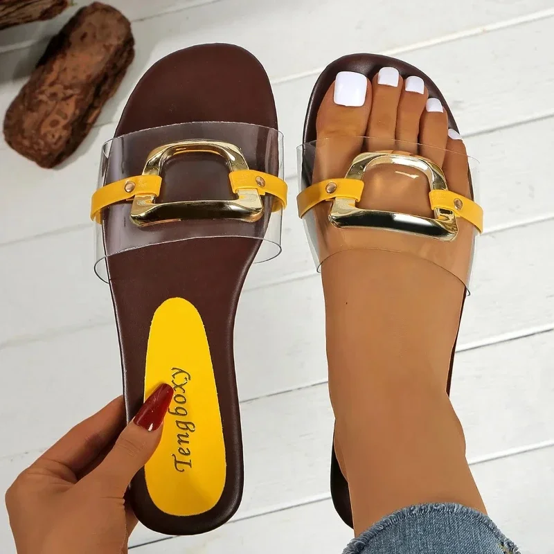 

Summer 2025 New Women's Large Fashion Sandals and Slippers Summer New Flat Metal Decor PVC Slides Shoes Size 42