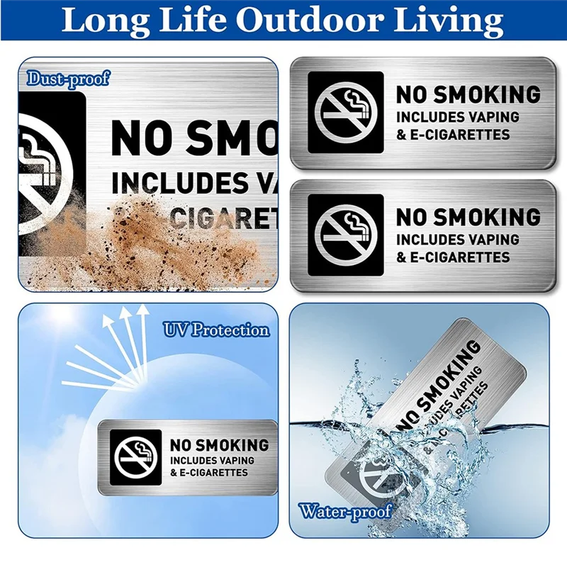 ABKS-Piece ممنوع التدخين 4 قطع 7 × 3 بوصة علامات للمنزل والأعمال علامات تحذير صناعية ذاتية اللصق معدنية بدون دخان #4