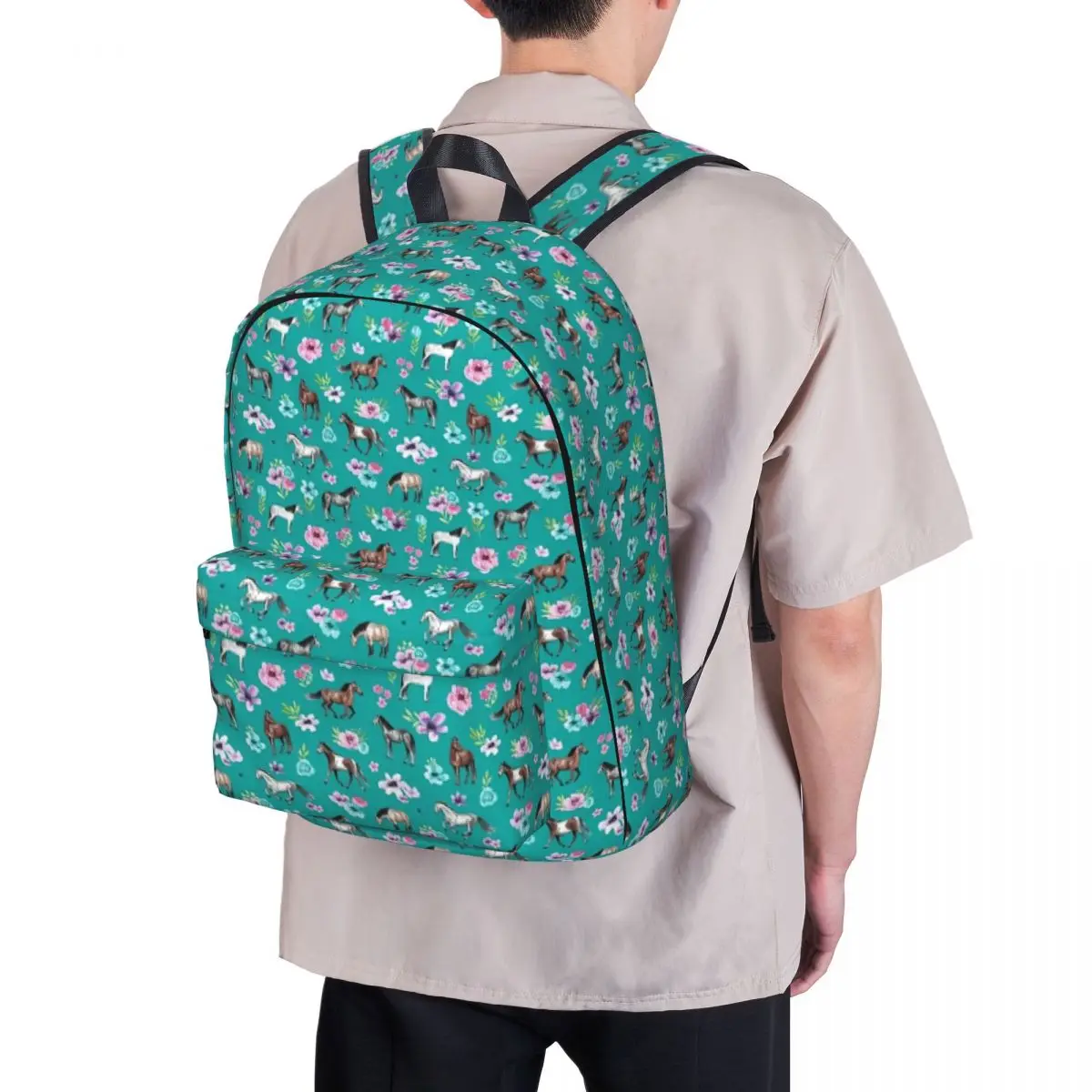 Cavalli e fiori su Teal, stampa cavallo turchese, arte del cavallo, zaini Cowgirl Boy Girl Bookbag borsa a tracolla da viaggio zaino