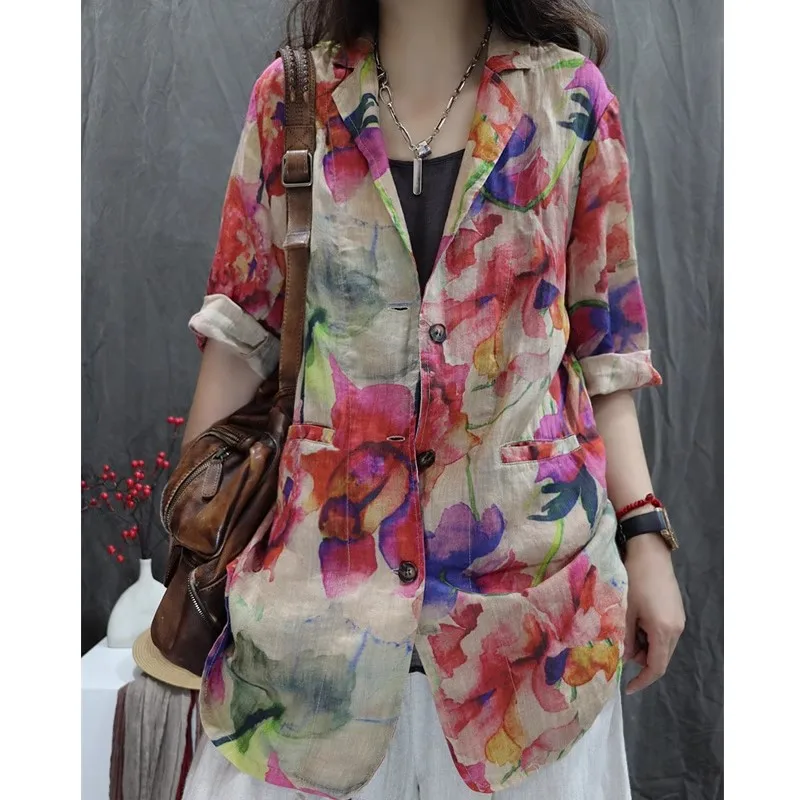 Artistic Print Linen Cotton Jacket Women's Spring Autumn New Style Loose Anti-Aging Long Sleeve Large Size Cotton Linen Top
