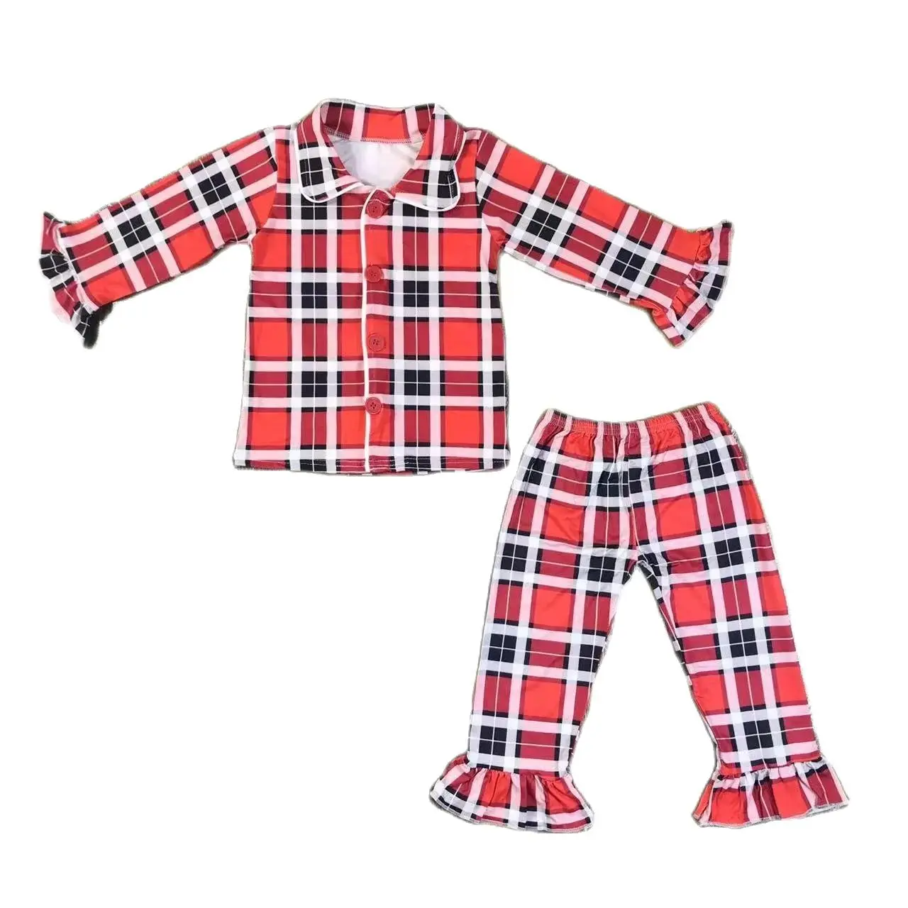 Girls  Red plaid lace Pajama Set for Kids Cotton Autumn  baby Elastic waist  0-16 years old long  pajamas