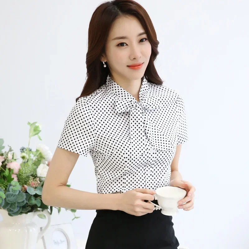 New Fashion Summer Office Lady Shirt Women 2024 Short Sleeve Bow Neck Women\'s Clothing Wave Point Woman Tops Blusas 893F