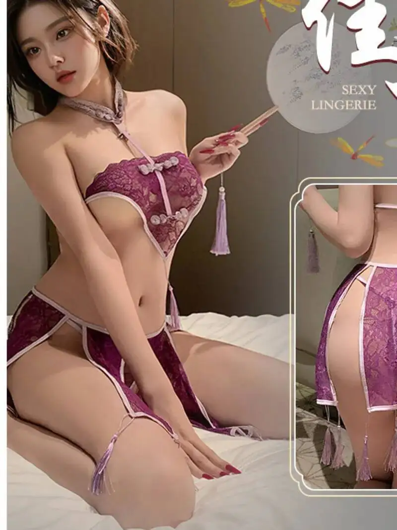 Fantaisie maille dentelle sexe dentelle maille dentelle pure Sexy Hanfu Style ancien robe élégante violet doux mode haut pour femme 2025 nouveau U0PH