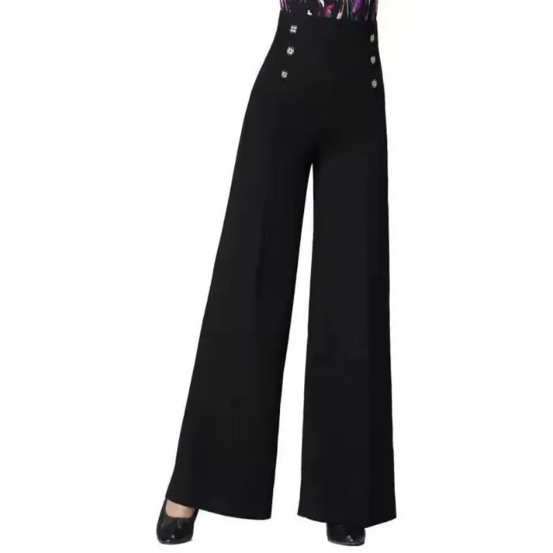 Spring and Autumn Women's High Waist Wide Leg Pants Solid Button Bright Line Decoratio Loose Office Lady Fashion Casual Pants