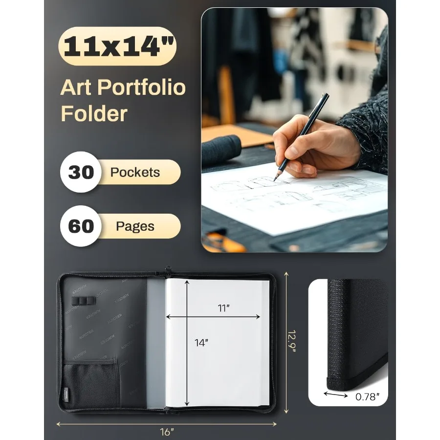 محفظة فنية مقاومة للحريق مقاس 11 × 14 مع 30 جيبًا و60 صفحة لعرض مقاومة للماء وأكمام بلاستيكية شفافة لطلاء الأعمال الفنية