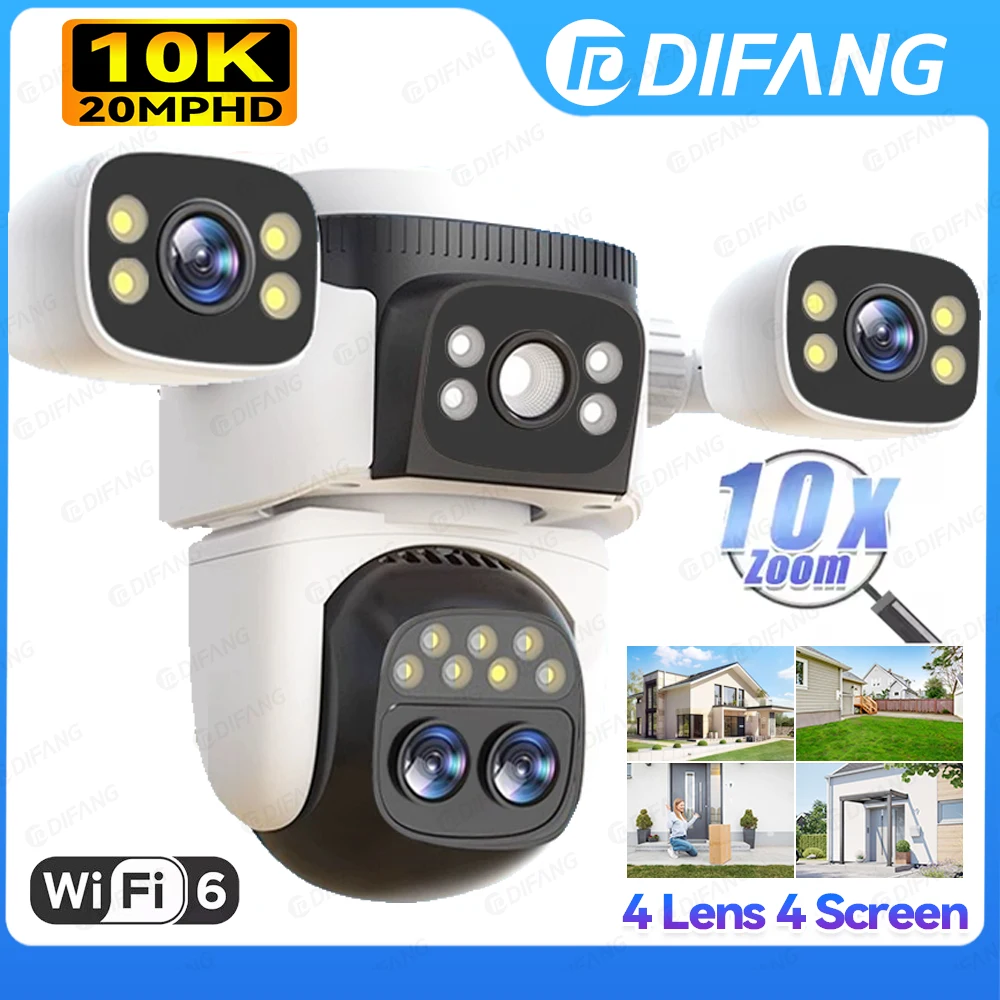 10K Security Camera Home Protection Four Lens Four Screen 10X Optical Zoom Video Camera CCTV 20MP Wireless WiFi6 IP Camera