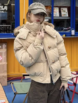 Autumn Winter Fur Hooded Jacket Women Outerwear Thick Dowon Cotton Padded Slim Short Parkas Female Cropped Puffer Bubble Coat 6