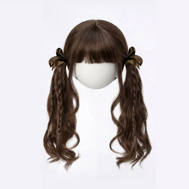 Awen 30cm BJD Wig Gold Brown Mohair Bangs Double Braid Ponytail Long Hair for 1/6BJD SD DD Doll Hair 6-7 Inches Doll Accessories