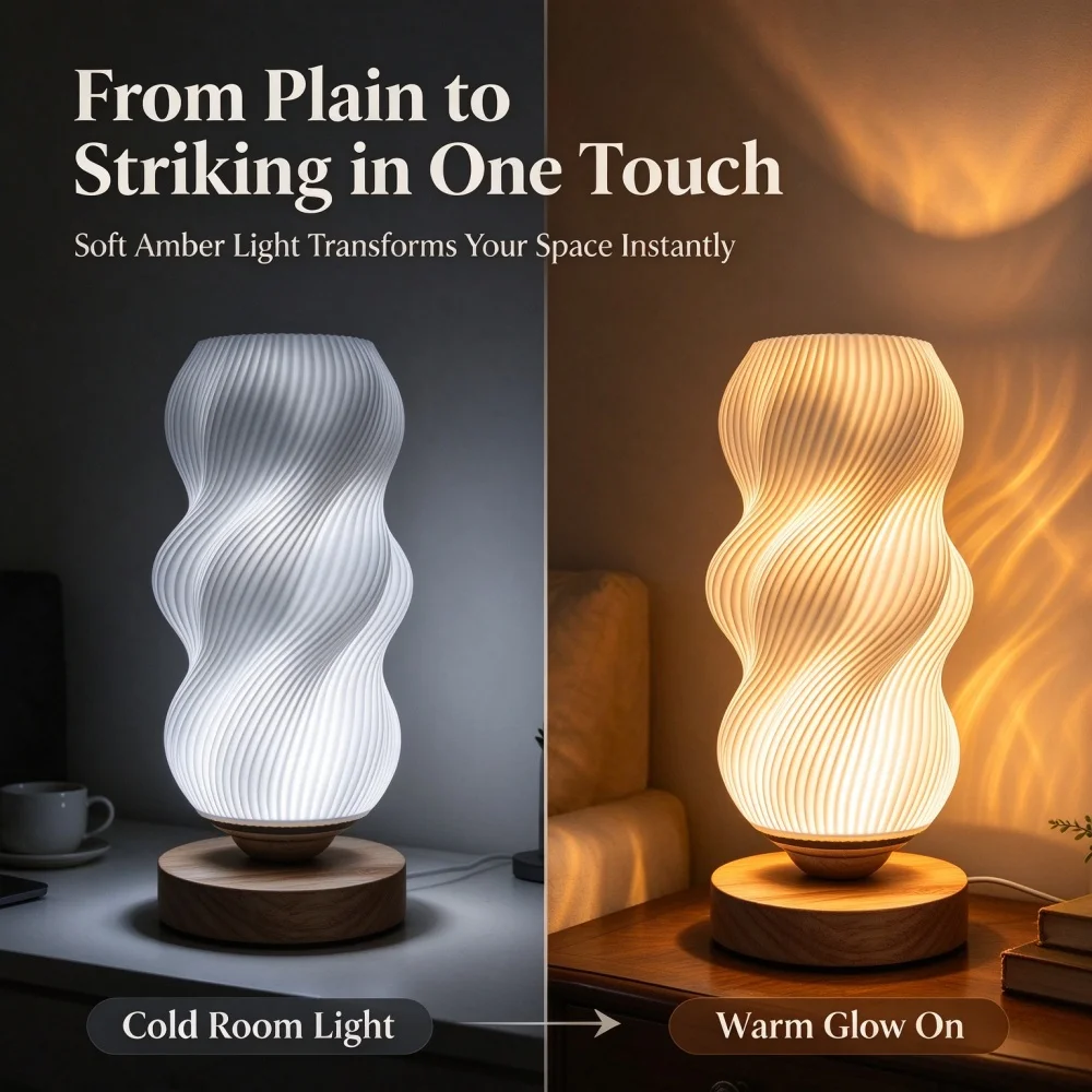 3D Printed Wave Texture Night Lamp Soft Adjustable Lighting with 3 Color Modes USB Powered Bedroom Decorative Lamp for Reading R view 5