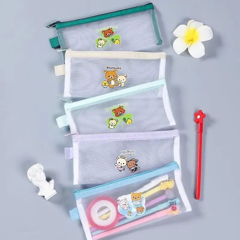 

Cartoon Rilakkuma Pencil Case Cute Transparent Mesh with A Zipper Coin Purse Girl Travel Portable Mini Storage Bag Friend Gift